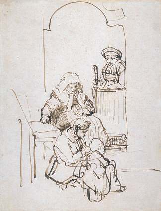 三个女人和一个孩子在门口 Three Women and a Child at the Door (c.1645)，伦勃朗