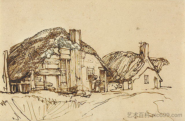 两间茅草屋,窗前有人物 Two Thatched Cottages with Figures at the Window (1640),伦勃朗