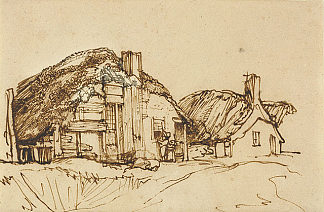 两间茅草屋，窗前有人物 Two Thatched Cottages with Figures at the Window (1640)，伦勃朗