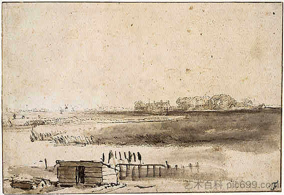 圣安东尼港附近的Houtewael景观 View of Houtewael near the Sint Anthoniespoort (1650)，伦勃朗