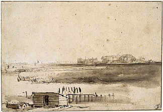 圣安东尼港附近的Houtewael景观 View of Houtewael near the Sint Anthoniespoort (1650)，伦勃朗