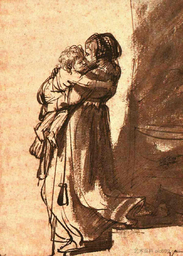 女人抱着孩子下楼 Woman Carrying a Child Downstairs (1636)，伦勃朗