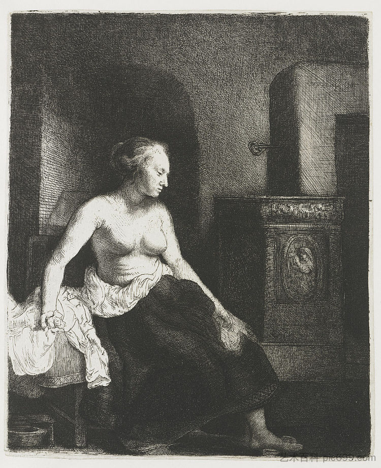 半裸坐在火炉旁的女人 Woman Sitting Half Dressed Beside a Stove (1658)，伦勃朗