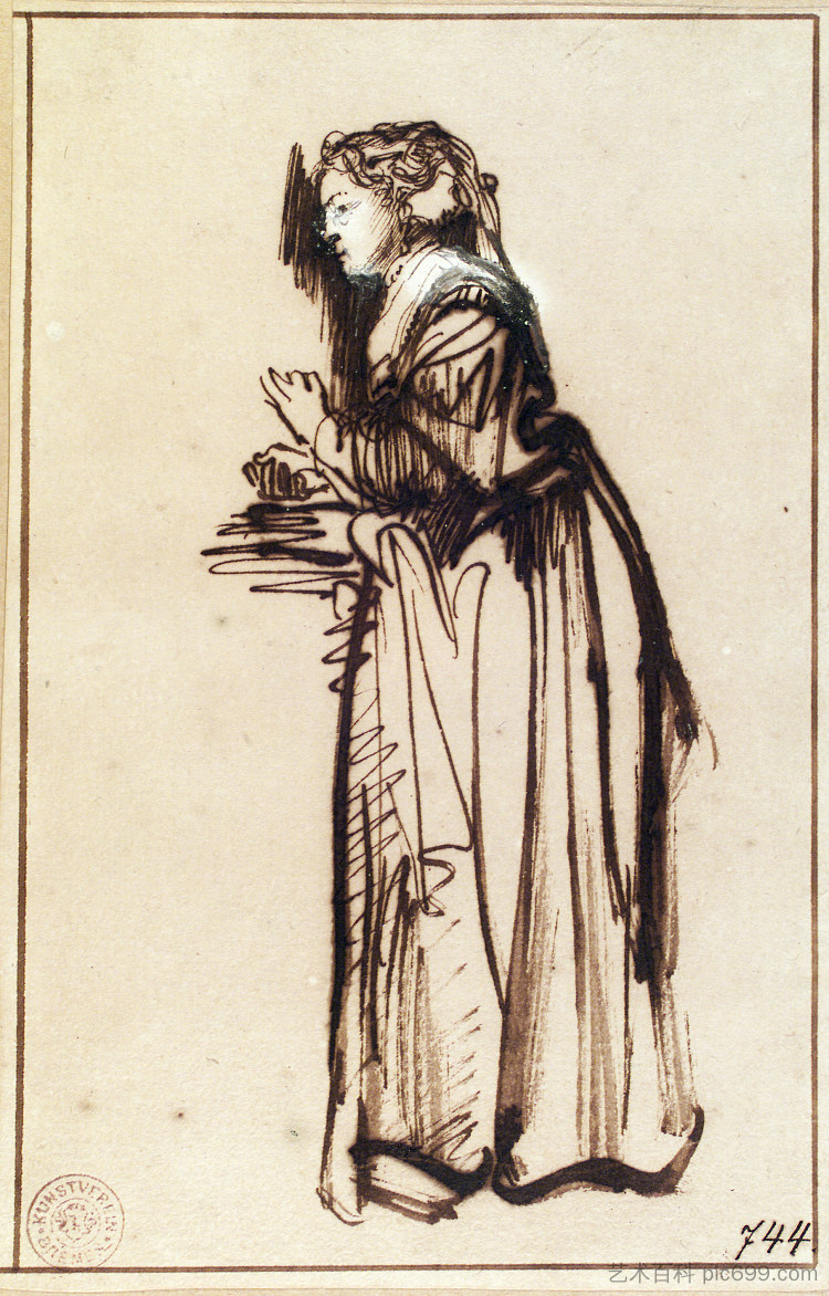 举起双手站立的女人 Woman Standing with Raised Hands (c.1633),伦勃朗