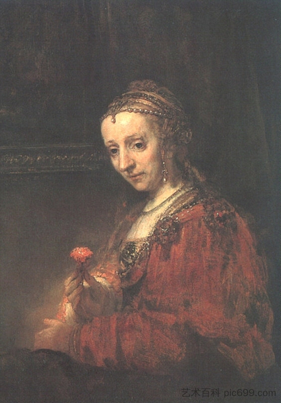 粉红色的女人 Woman with a Pink (1630)，伦勃朗