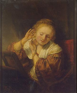 试耳环的年轻女子 Young Woman Trying Earrings (1654)，伦勃朗