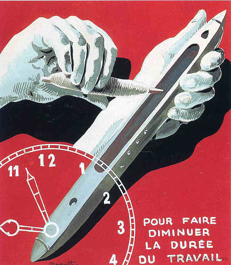 海报“比利时纺织工人中心（减少工作时间）”项目 Project of poster "The center of textile workers in Belgium (to reduce working hours)" (1938; Brussels,Belgium  )，勒内·马格里特