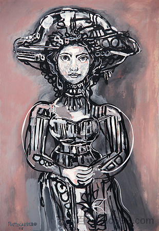 女士与帽子在灰粉色背景 Lady with Hat in Gray-Pink Background (1975)，雷内·波托卡莱罗