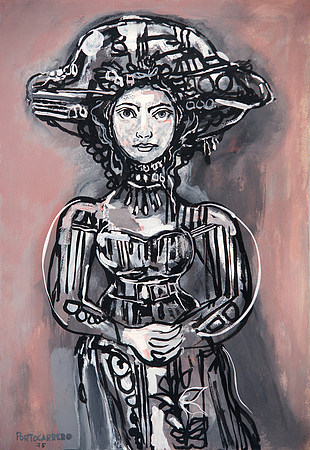 女士与帽子在灰粉色背景 Lady with Hat in Gray-Pink Background (1975)，雷内·波托卡莱罗