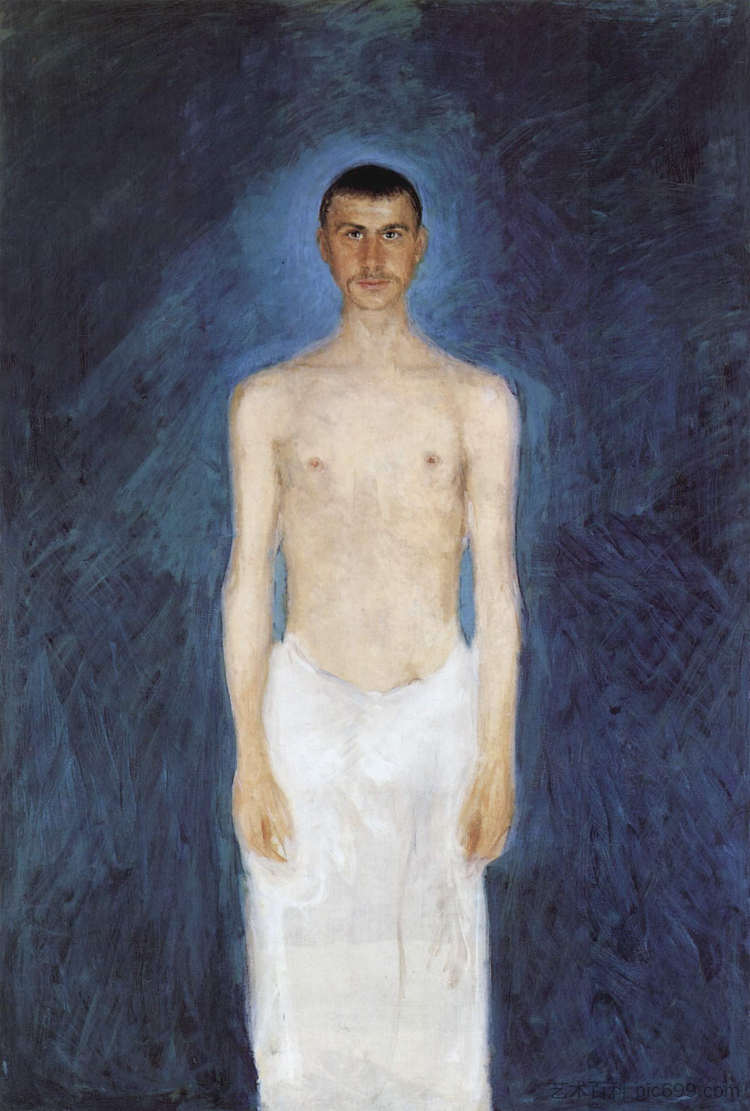 蓝色背景前的自画像 Self-portrait in front of blue background (1905)，理查德德·盖斯特尔