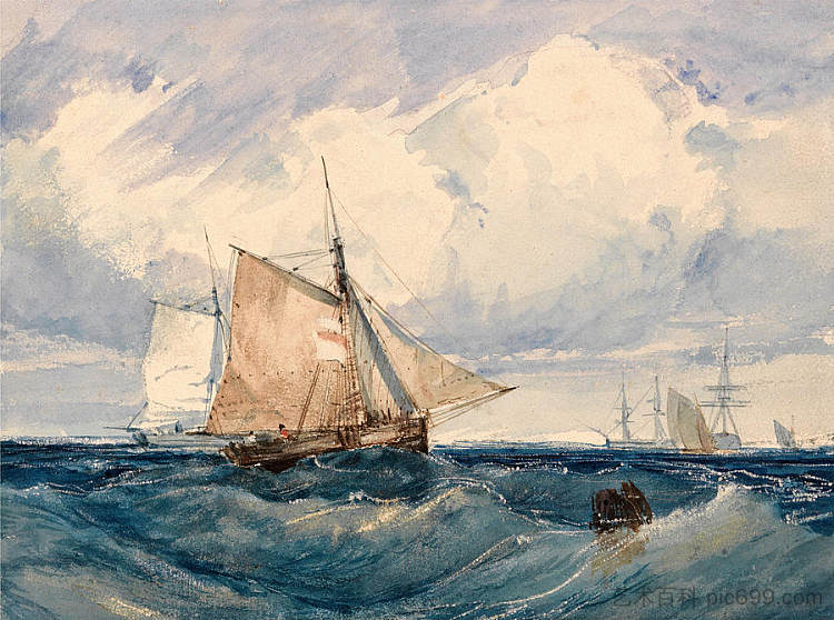 强风中的切割机和其他船只 A Cutter and other Ships in a Strong Breeze (1827; United Kingdom  )，理查德德·帕克斯·伯宁顿