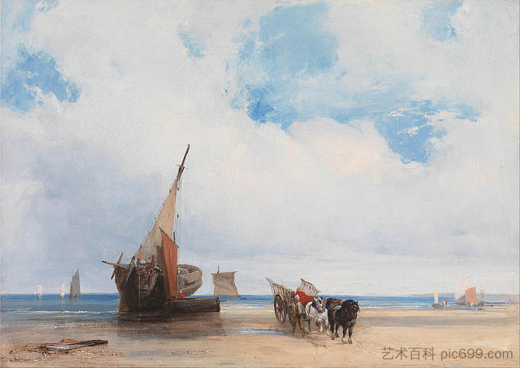 法国特鲁维尔附近的搁浅船只和货车 Beached Vessels and a Wagon near Trouville France，理查德德·帕克斯·伯宁顿