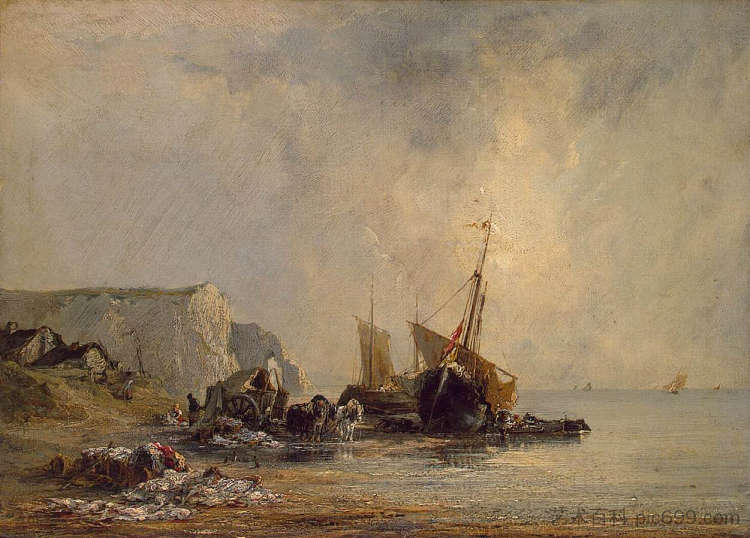 诺曼底海岸边的船只 Boats by the Normandy Shore (1823; France  )，理查德德·帕克斯·伯宁顿