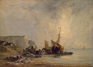 诺曼底海岸边的船只 Boats by the Normandy Shore (1823; France                     )，理查德德·帕克斯·伯宁顿