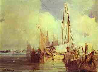 法国河景与渔船 French River Scene with Fishing Boats (1824; United Kingdom                     )，理查德德·帕克斯·伯宁顿