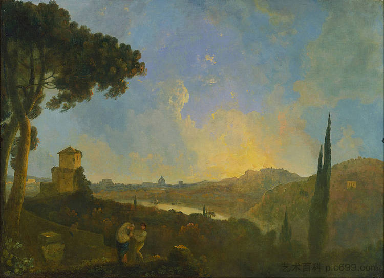 台伯河与远处罗马的景色 A View of the Tiber with Rome in the Distance (1775)，理查德德·威尔逊