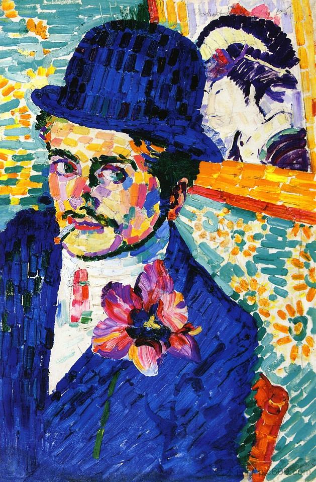 戴郁金香的男人（又名让·梅辛格肖像） Man with a Tulip (also known as Portrait of Jean Metzinger) (1906)，罗伯特·德劳内