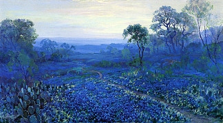 蓝帽景观与猫，路和山月桂树 Bluebonnet Landscape with Catci, Road and Mountain Laurel，罗伯特·朱利安