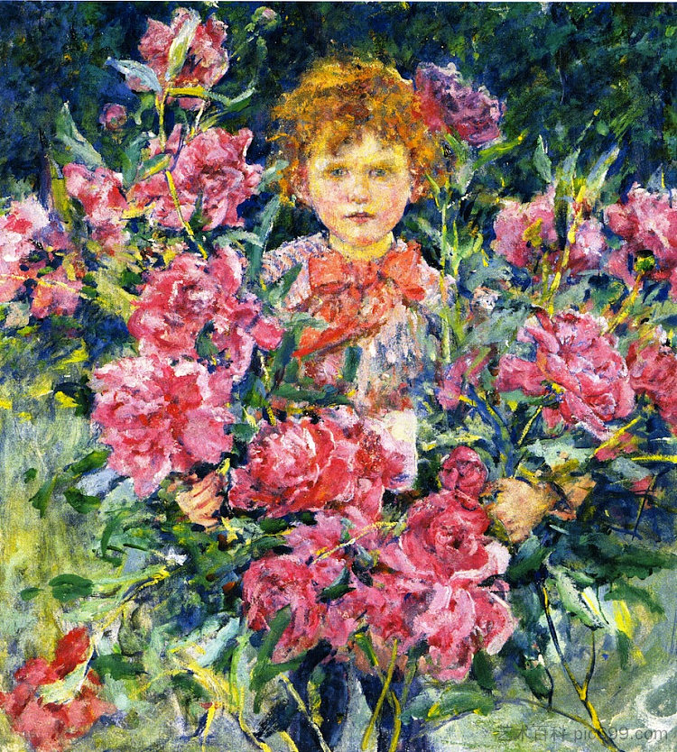 男孩与红牡丹 Boy with Red Peonies (1910)，罗伯特·刘易斯·里德