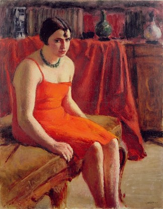 穿着红色连衣裙的坐着的女人 Seated Woman in a Red Dress (c.1925)，罗德里克·奥康纳