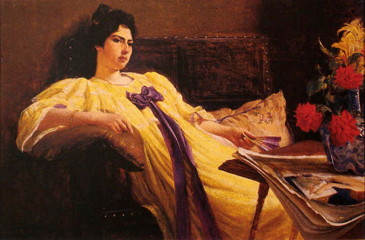 女士肖像，黄色礼服，紫色围巾 Portrait of a lady, yellow gown, purple scarf (1892)，鲁道夫·阿莫多