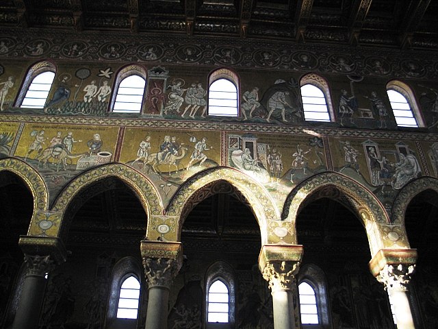 室内设计，意大利蒙雷阿莱大教堂 Interior, Monreale Cathedral, Italy (1174)，罗马式建筑