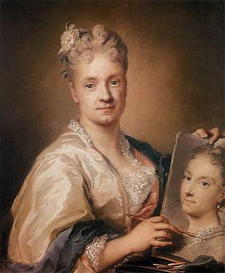 拿着姐姐画像的自画像 Self-Portrait Holding a Portrait of Her Sister (1709)，罗萨尔巴·卡列拉