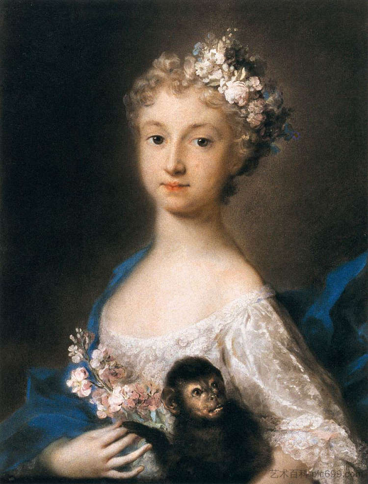 抱着猴子的年轻女孩 Young Girl Holding a Monkey (1721)，罗萨尔巴·卡列拉