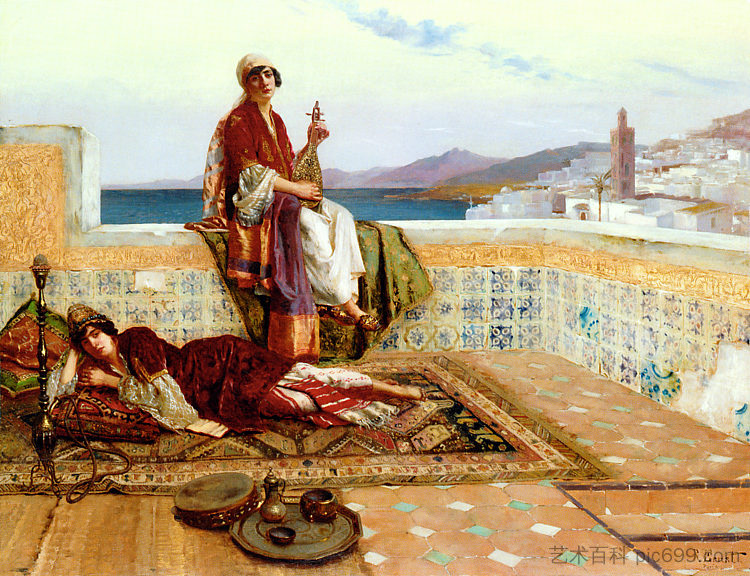 丹吉尔露台上的年轻女士 Young Ladies on a Terrace in Tangiers (1880)，鲁道夫·恩斯特