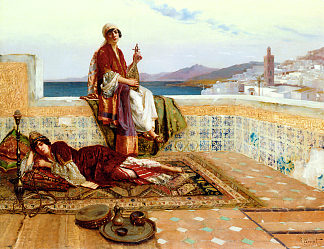 丹吉尔露台上的年轻女士 Young Ladies on a Terrace in Tangiers (1880)，鲁道夫·恩斯特