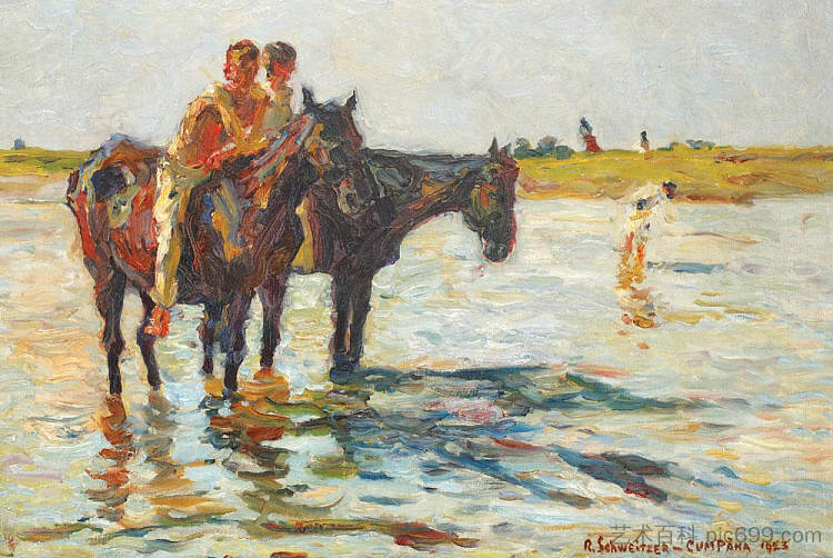 洗澡（河里的马） Bathe (Horses in the River) (1923)，鲁道夫·史怀哲·卡帕纳