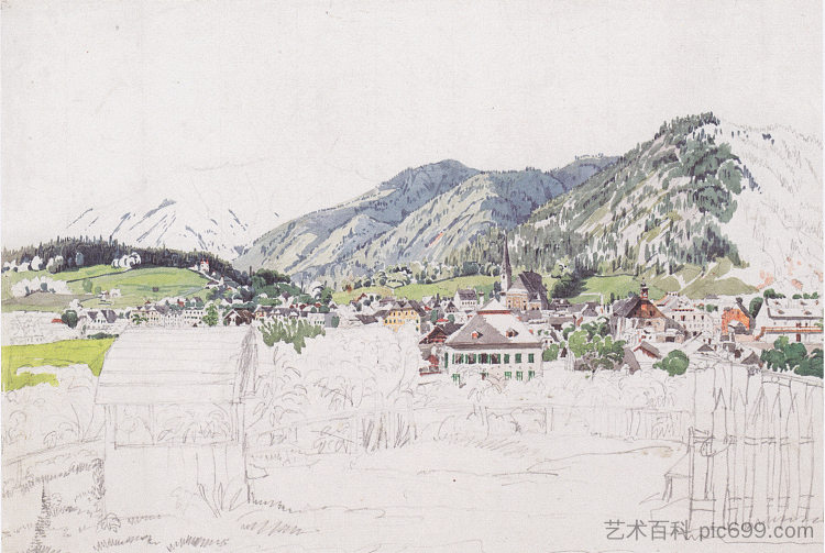 伊施尔的景色 View of Ischl (1830; Ischl / Jainzen / Bad Ischl,Austria  )，鲁道夫·冯阿尔特