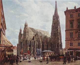 从艾森广场的斯托克看斯蒂芬大教堂 View of the Stephansdom from Stock im Eisen Platz (1832; Wien,Austria                     )，鲁道夫·冯阿尔特
