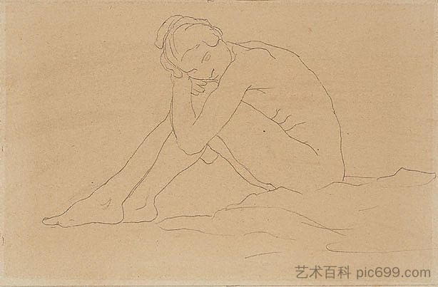 坐着的女性裸体紧握膝盖 Seated female nude clasping her knees (1920)，鲁珀特·巴尼