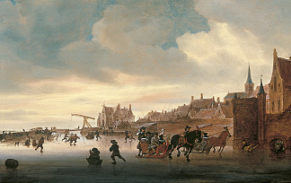 城镇前的冬季景观与溜冰者和雪橇 A Winter Landscape with Skaters and Sleighs before a Town (c.1660 – c.1670)，所罗门·范·鲁伊斯戴尔