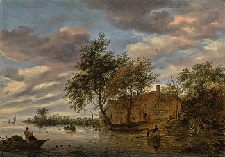 河流景观与划艇上的人物，以及前景中拖网的渔民 River landscape with figures in rowing boats, and fishermen hauling a net in the foreground (1668)，所罗门·范·鲁伊斯戴尔