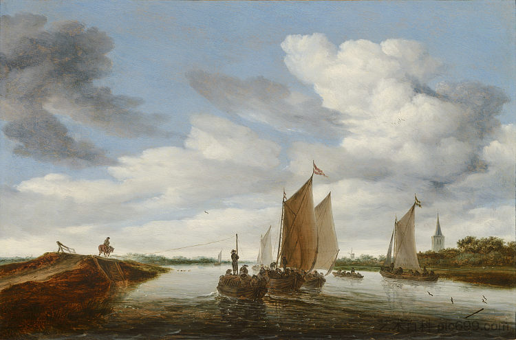 河流景观与帆船和马拉驳船 River Landscape with Sailing Boats and a Horse-drawn Barge，所罗门·范·鲁伊斯戴尔