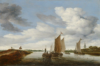 河流景观与帆船和马拉驳船 River Landscape with Sailing Boats and a Horse-drawn Barge，所罗门·范·鲁伊斯戴尔