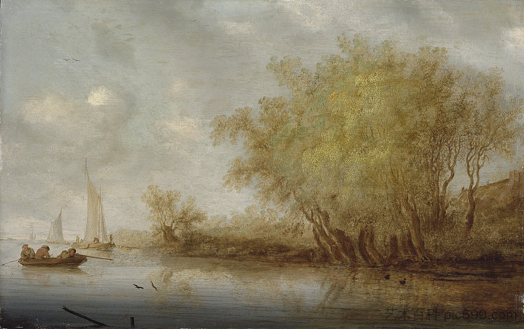 河流景观与运动员从船上射击鸭子 A River Landscape with Sportsmen Shooting Duck from a Boat,所罗门·范·鲁伊斯戴尔