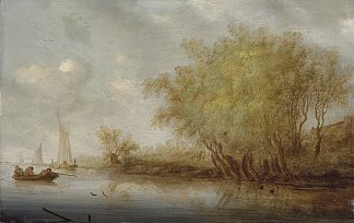 河流景观与运动员从船上射击鸭子 A River Landscape with Sportsmen Shooting Duck from a Boat，所罗门·范·鲁伊斯戴尔