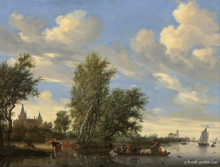 河流景观与渡轮 River Landscape with Ferry (1649)，所罗门·范·鲁伊斯戴尔