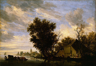 河流场景与渡船 River Scene with Ferry Boat (1650)，所罗门·范·鲁伊斯戴尔