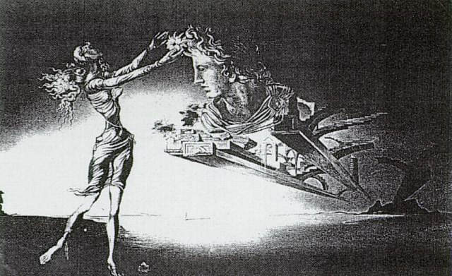 一个女人的幽灵和沙漠中的悬浮建筑 Apparition of a Woman and Suspended Architecture in the Desert (1946),萨尔瓦多·达利