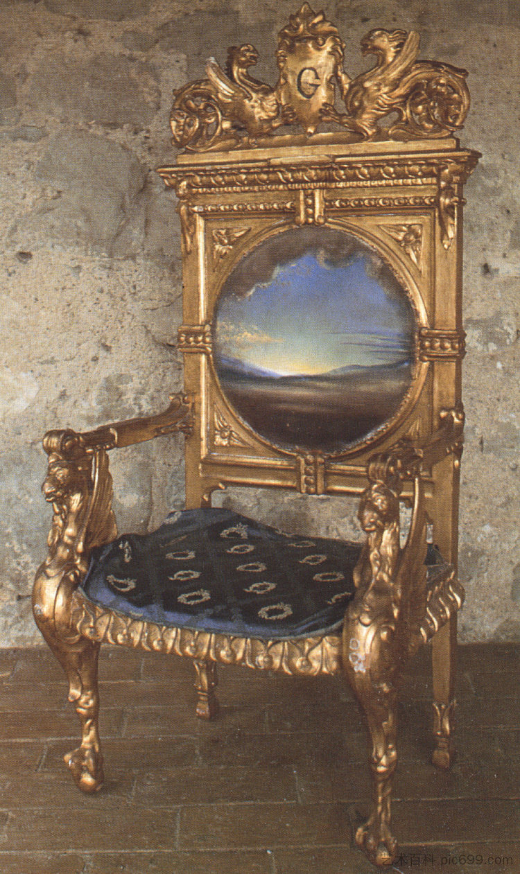 为Pubol的加拉城堡绘制的风景扶手椅 Armchair with Landscape Painted for Gala's Chateau at Pubol (c.1974)，萨尔瓦多·达利