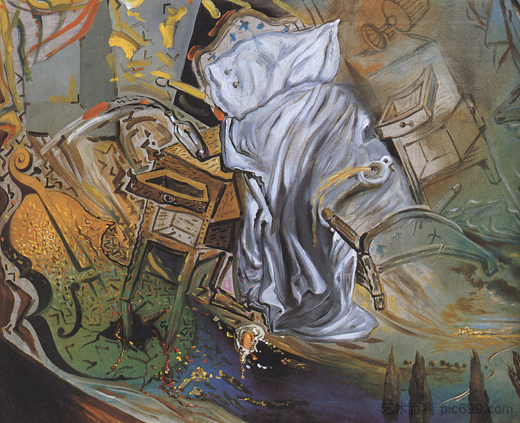 床和两张床头柜猛烈地攻击大提琴(最后阶段) Bed and Two Bedside Tables Ferociously Attacking a Cello (Final Stage) (1983)，萨尔瓦多·达利
