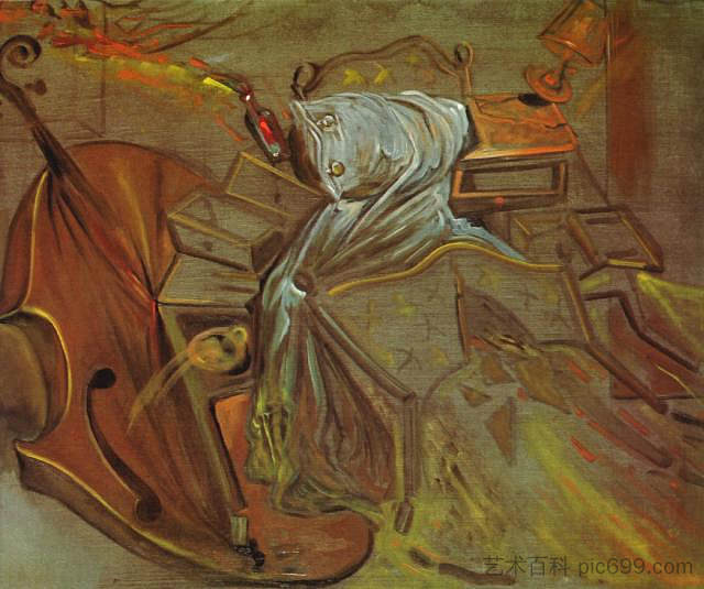 床和两个床头柜凶猛地攻击大提琴 Bed and Two Bedside Tables Ferociously Attacking a Cello (1983)，萨尔瓦多·达利