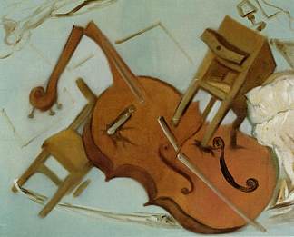 床、椅子和床头柜猛烈地攻击大提琴 Bed, Chair and Bedside Table Ferociously Attacking a Cello (1983)，萨尔瓦多·达利