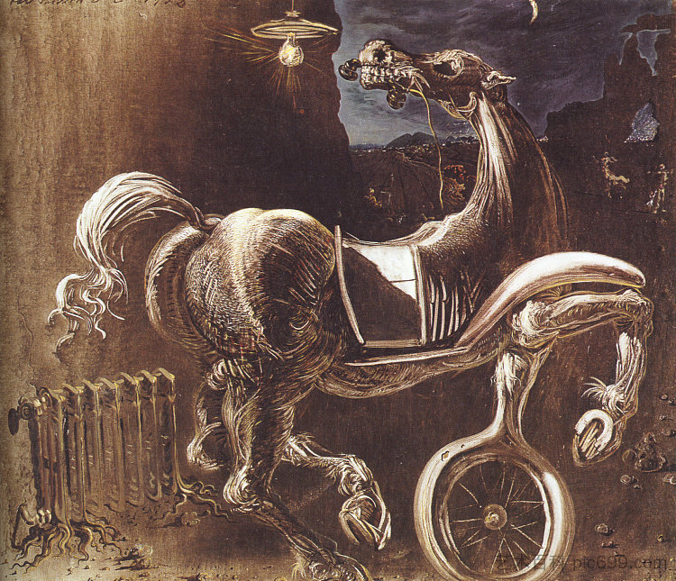 汽车残骸生下盲马咬电话 Debris of an Automobile Giving Birth to a Blind Horse Biting a Telephone (1938)，萨尔瓦多·达利