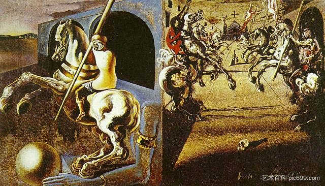 马术游行（可能是“罗密欧与朱丽叶”的布景设计） Equestrian Parade (possibly Set Design for 'Romeo and Juliet') (1942)，萨尔瓦多·达利