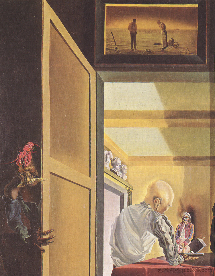 嘎啦与《小米三钟经》在圆锥形变形即将到来之前 Gala and The Angelus of Millet Before the Imminent Arrival of the Conical Anamorphoses (1933)，萨尔瓦多·达利